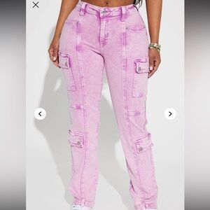 Fashion Nova Light Pink Cargo Straight Leg Jeans | Stretch | Size M